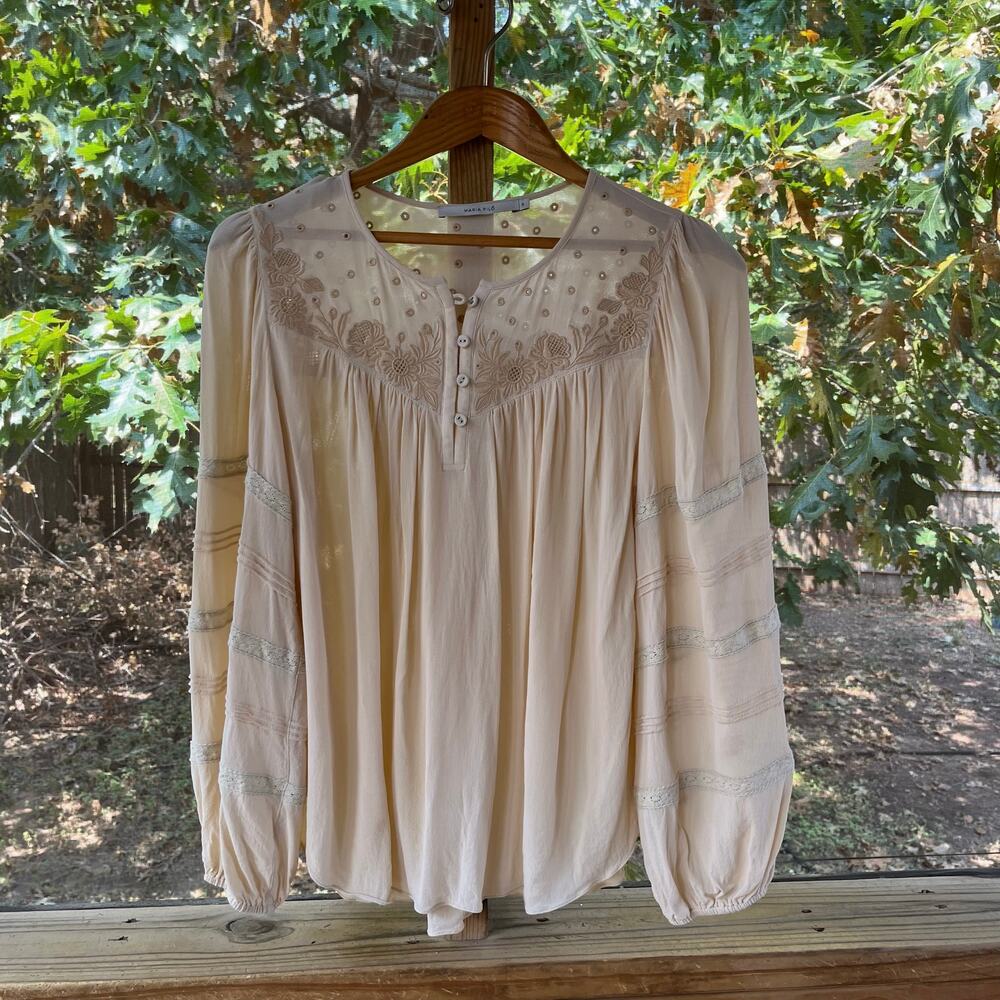 Maria Filo Women's Beige Embroidered Tonal Long Sleeve Boho Blouse Size P